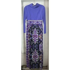 Vintage 1970s Sue Brett Maxi Dress – Purple Mod Geometric Print, Size L/XL
